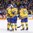 COLOGNE, GERMANY - MAY 16: Sweden's Joakim Nordstrom #42, William Karlsson #71 and Joel Lundqvist #20 celebrate after a third period goal against Slovakia during preliminary round action at the 2017 IIHF Ice Hockey World Championship. (Photo by Andre Ringuette/HHOF-IIHF Images)

